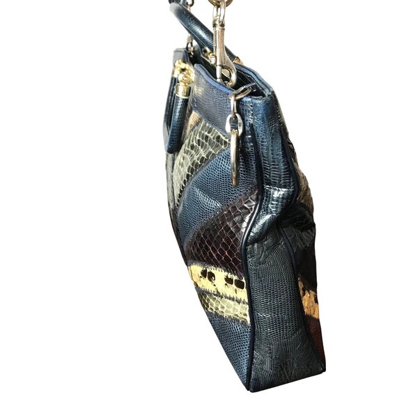 Vintage Clutch / Shoulder Envelope Bag Navy Blue & Tan Snakeskin Patchwork - Picture 8 of 10